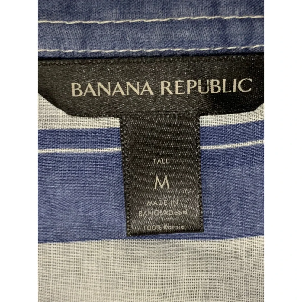 Banana Republic Blue White Striped Ramie Blouse Tall Medium Short Puff Sleeve